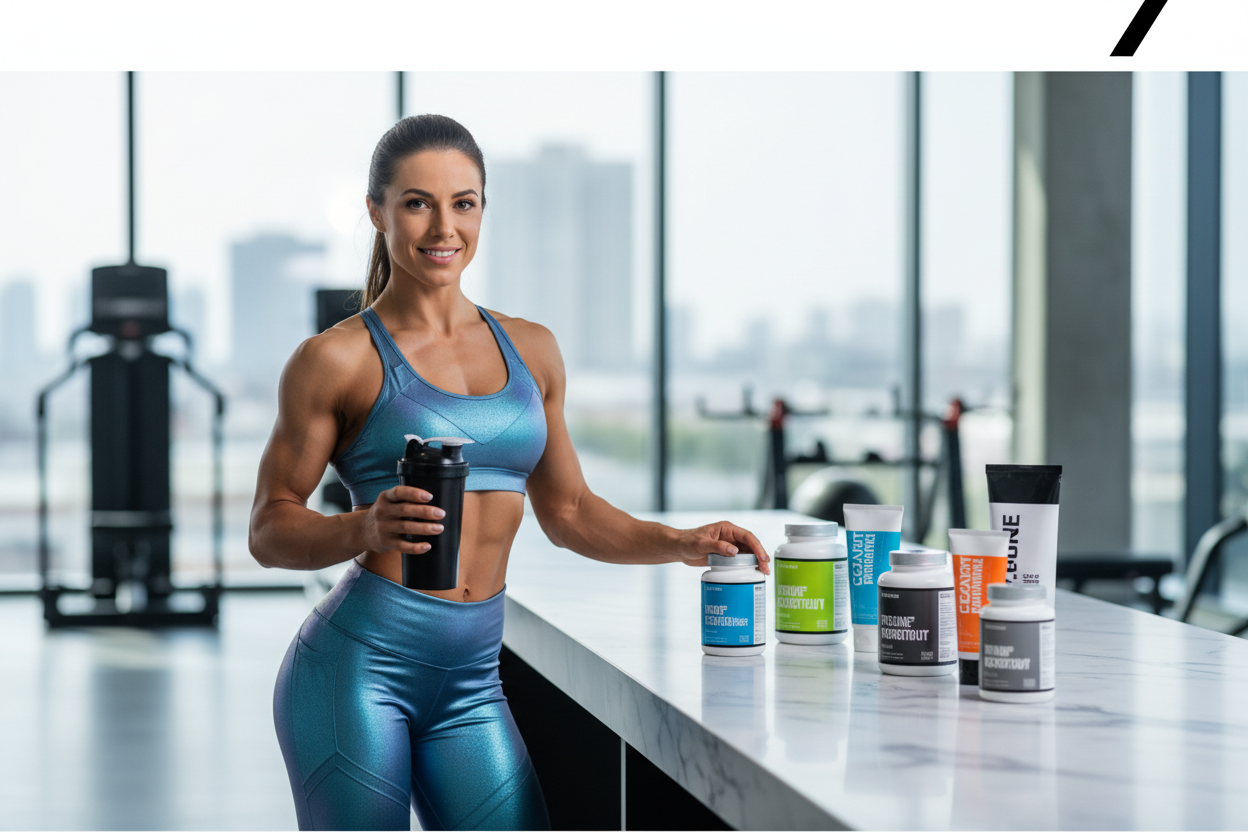 genera una imagen para inicio de la pagina web con una modelo con ropa deportiva e interactuando con suplementos deportivos