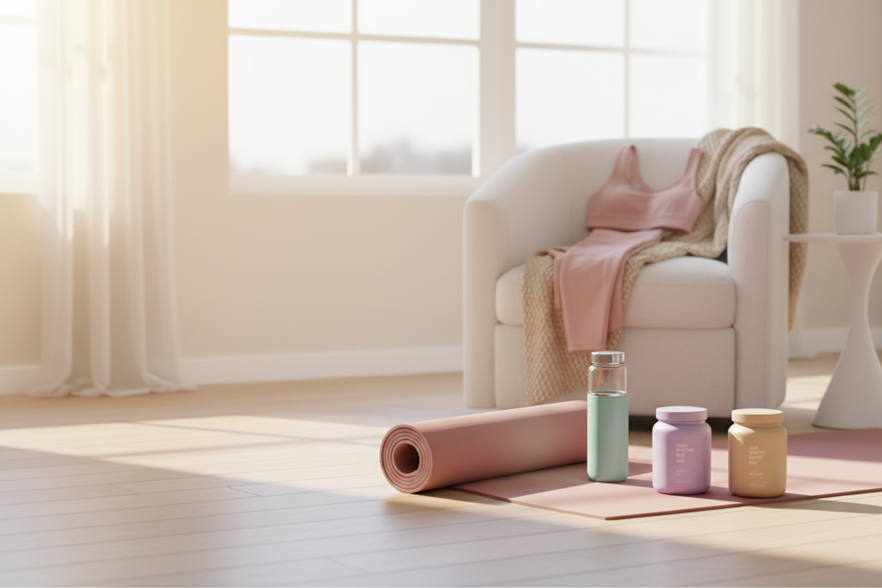 IMAGEN DE INICIO PARA PAGINA DE ROPA DEPORTIVA DE MUJER Y SUPLEMENTOS QUE TRANSMITA CALMA, USA COLORES FEMENINOS